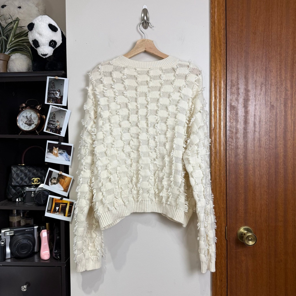 Beige Sweater Women Size Medium Oversized Wool Pullover Longsleeves Fringe Boho - Picture 12 of 16
